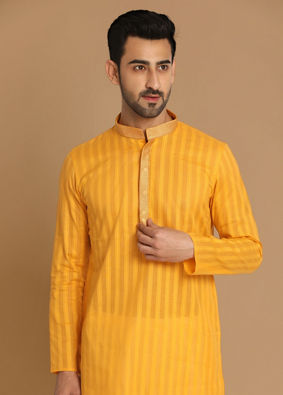 alt message - Manyavar Men Orange Striped Casual Kurta Set image number 0